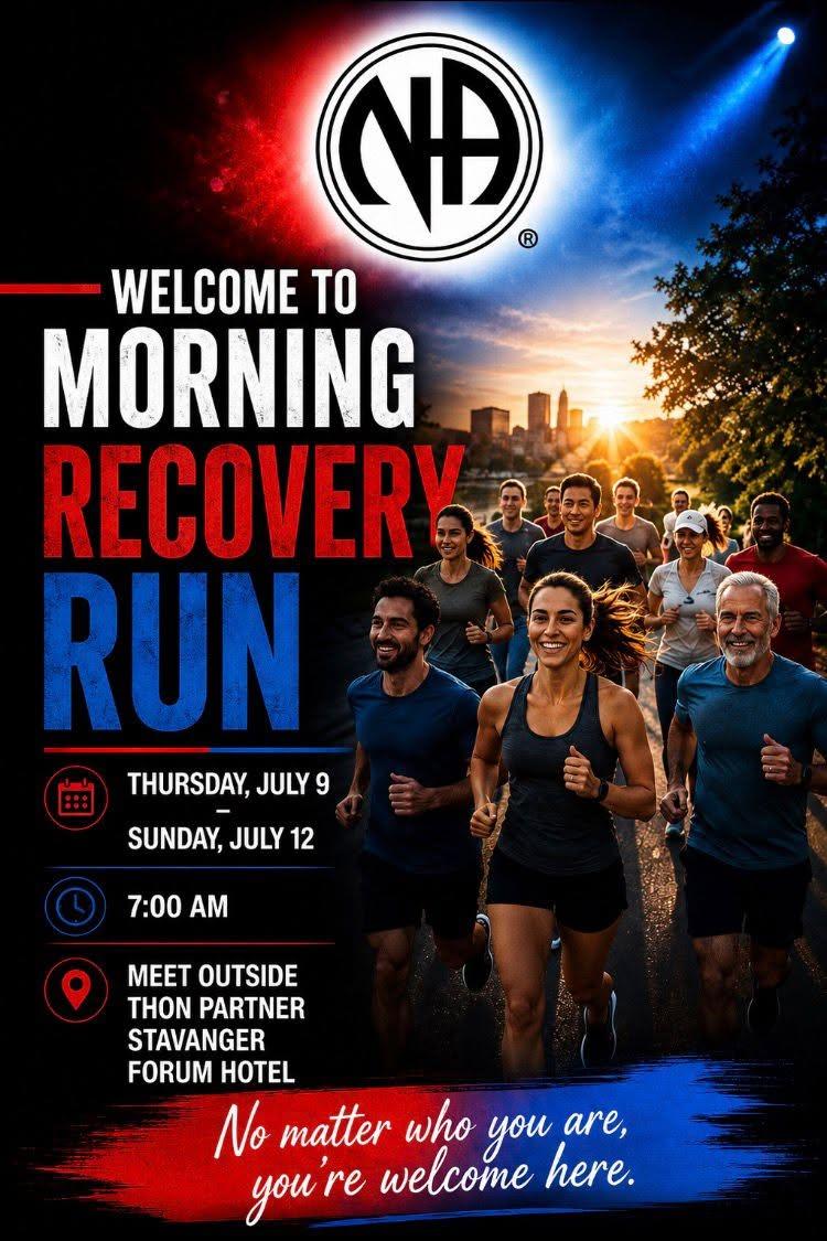 Welcome to Morning Recovery Run, Thursday 9 July to Sunday 12 July at 07:00. Meet outside the Thon Partner Stavanger Forum Hotel. No matter who you are, you're welcome here.